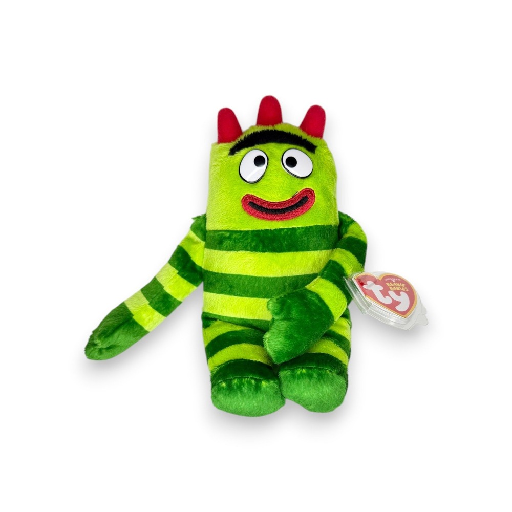 Brobee Yo Gabba Gabba | Green Striped Friend | Mint Heart Tag TY Beanie Baby
